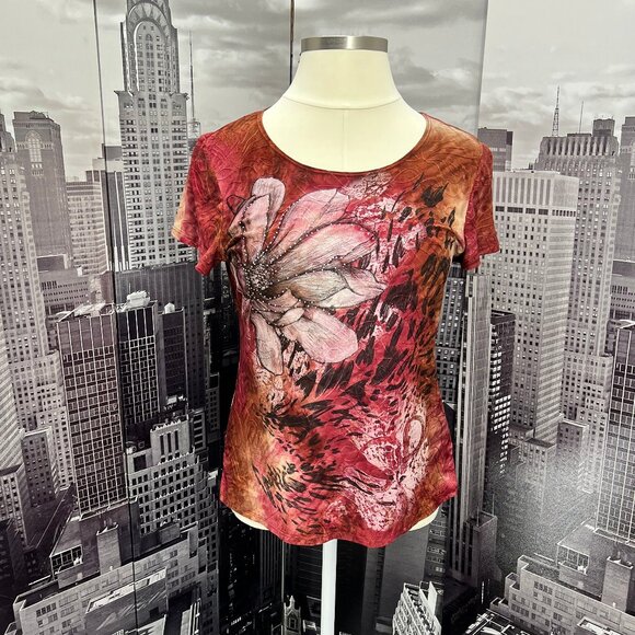 dressbarn Tops - Dressbarn XL Vibrant Floral Embossed Tee | Sunset Red Orange Short Sleeve Top